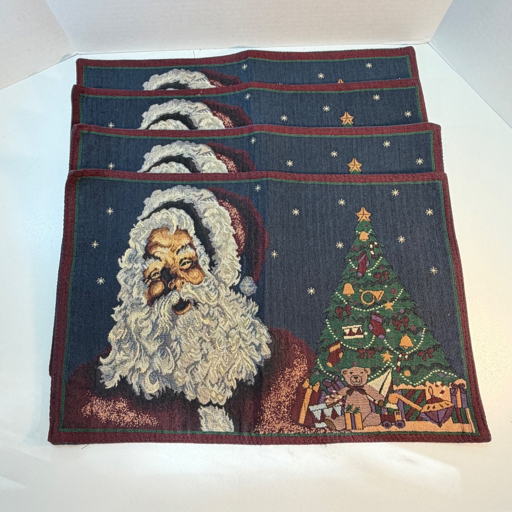 Christmas Santa Claus Woven Tapestry Placemats Set Of 4 Blue Tree Holiday Table